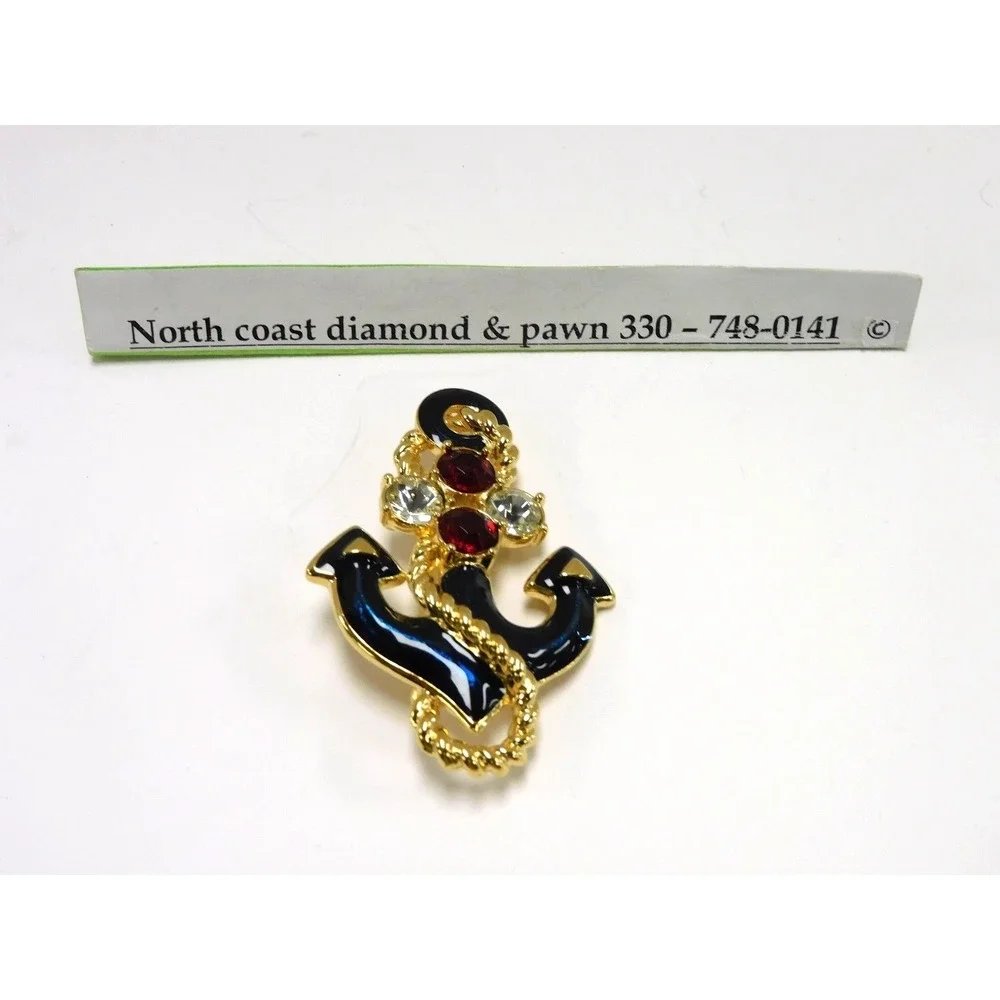 Vintage Gold Tone Nautical Anchor Brooch Navy Enamel Red Clear Rhinestones DW13